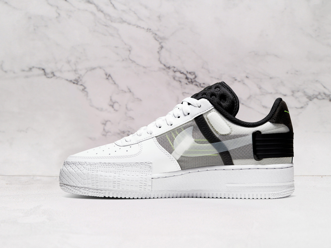 Nike Air Force 1 Type 'White Black Volt' – Premium White Leather, Black Overlays