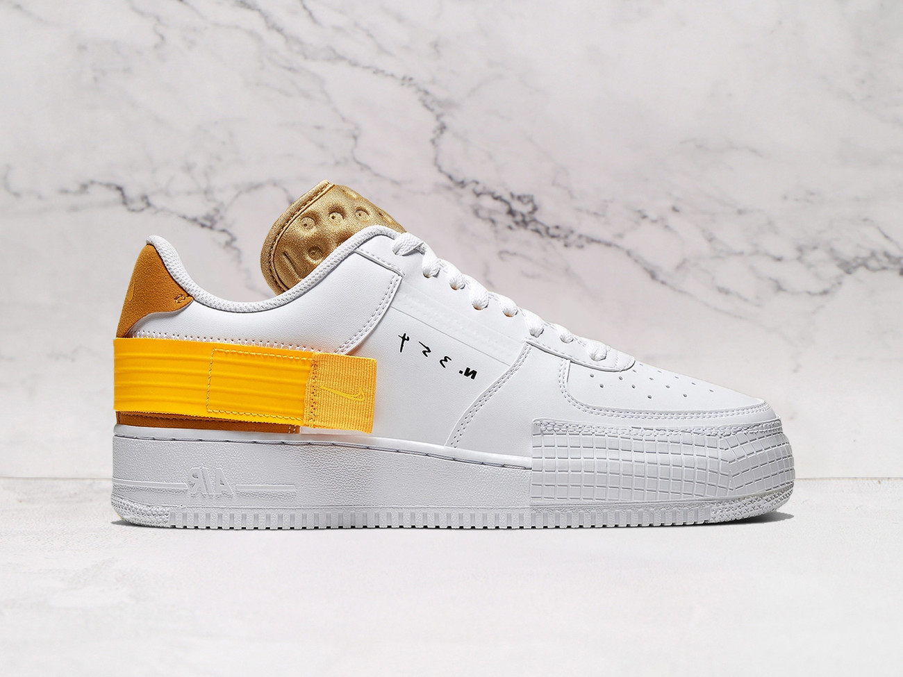 Nike Air Force 1 Type 'White Gold' – Premium White Leather with Gold Suede Accents and Velcro Heel Strap