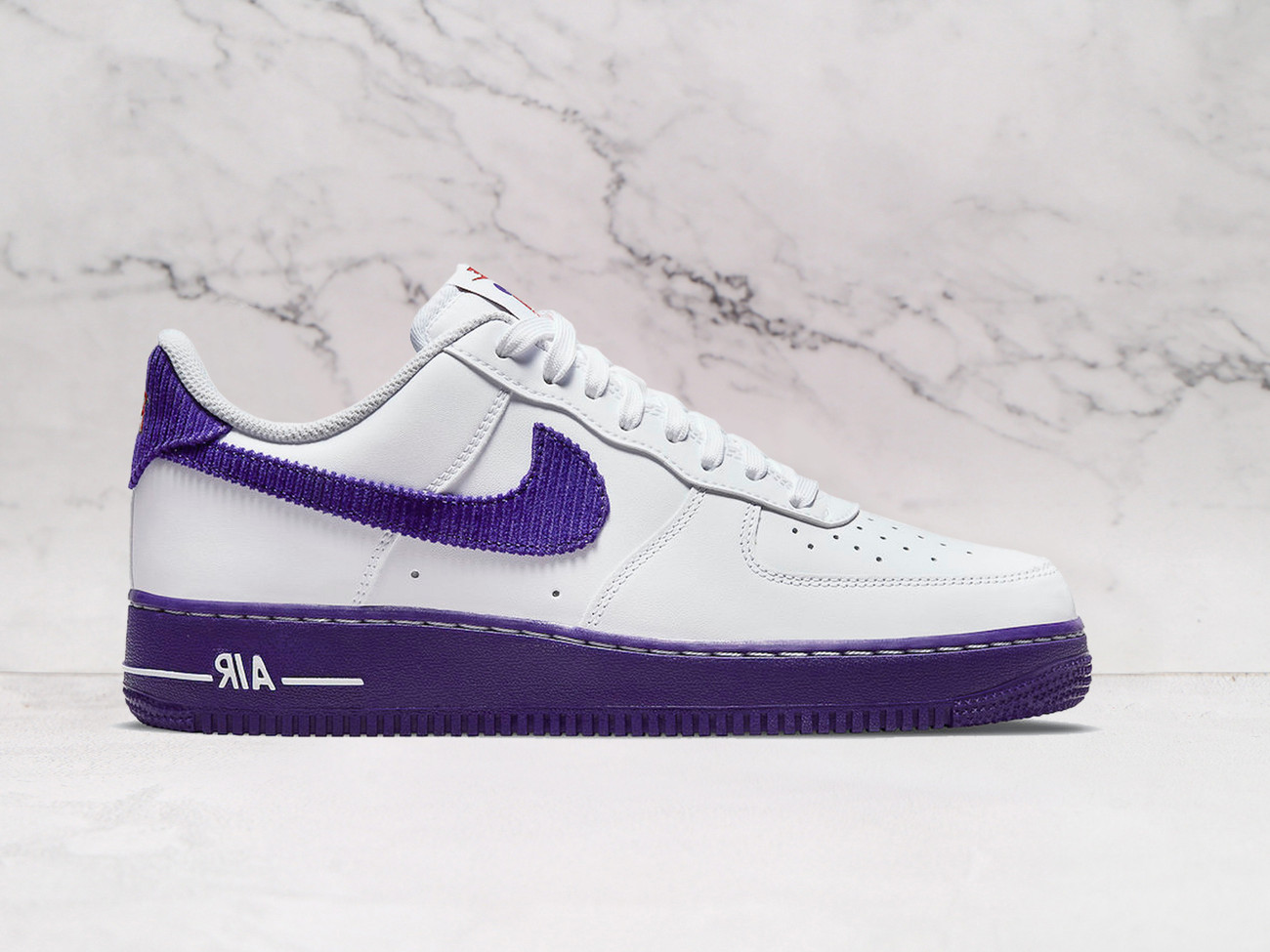 Air Force 1 Sport Specialties – White Leather with Purple Corduroy