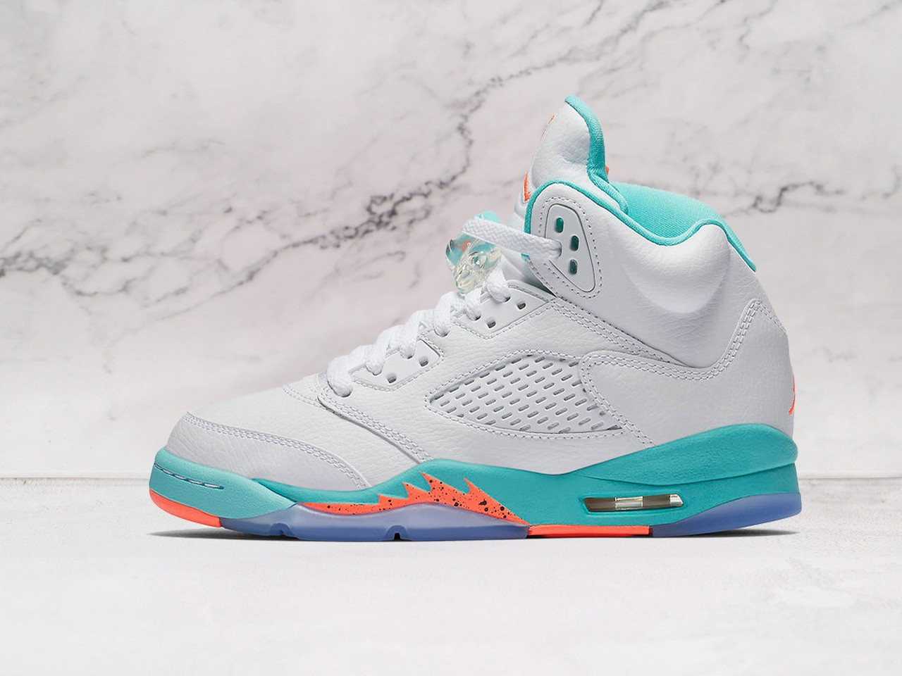Air Jordan 5 Retro Light Aqua with Crimson and Aqua Accents on White Leather