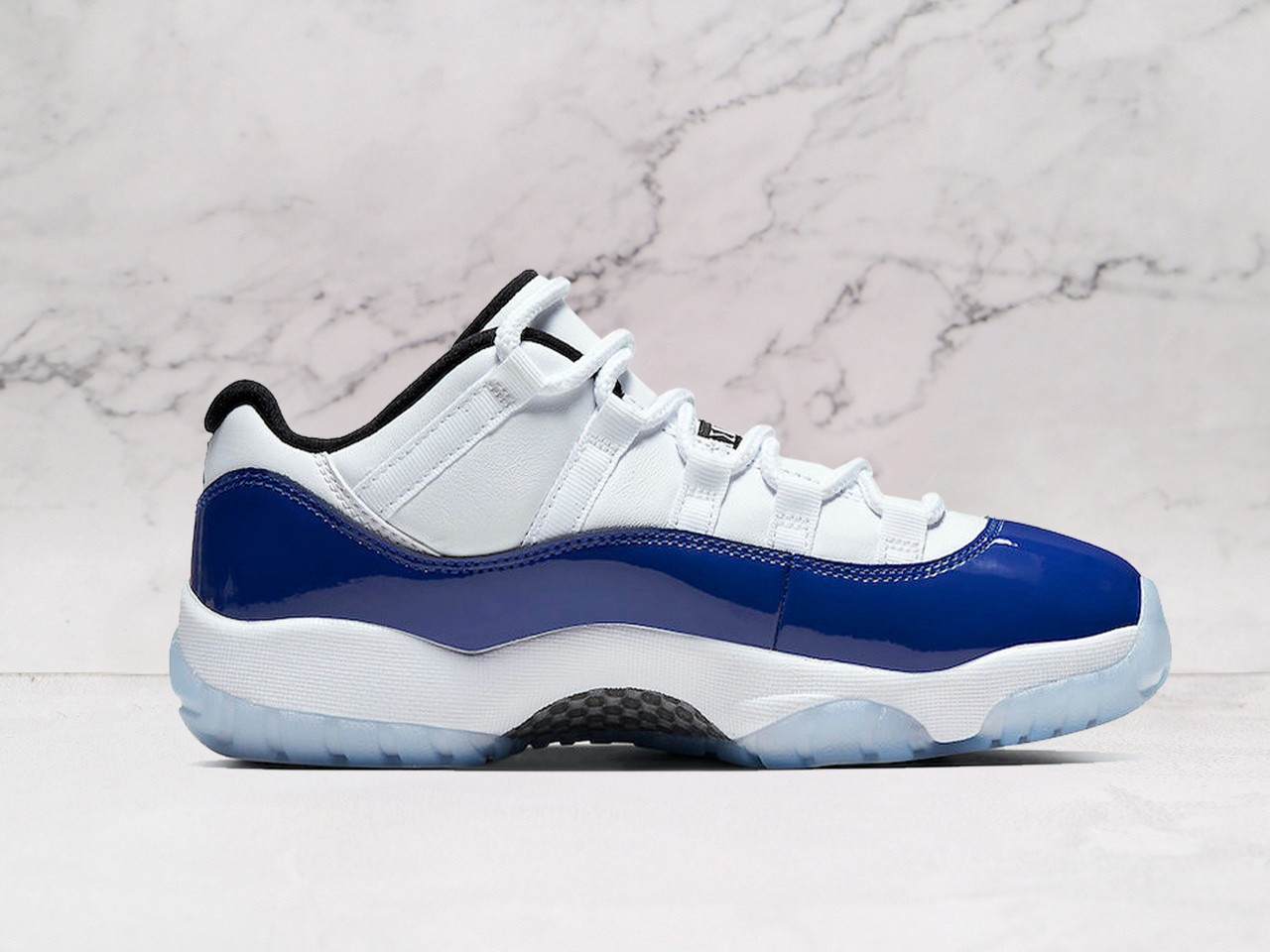 AJ11 White Concord – Black Patent Leather Overlays and Concord Purple Accents