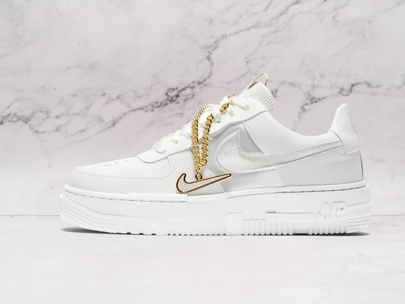 Nike Air Force 1 Low Pixel Summit White DC1160-100 with gold chain and Swoosh pendant.