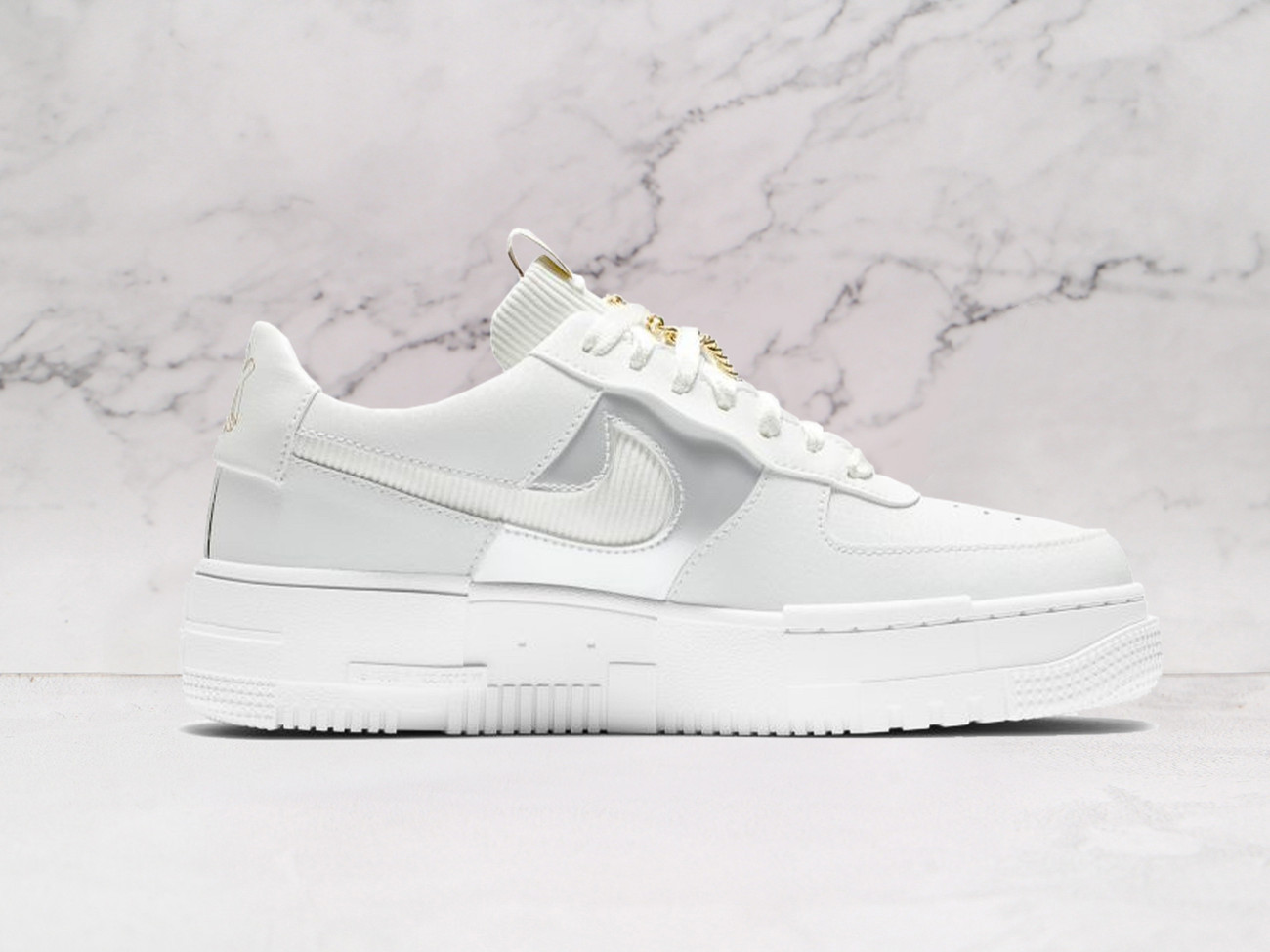 Summit White Nike Air Force 1 Low Pixel DC1160-100 medial view with Dark Beetroot accents