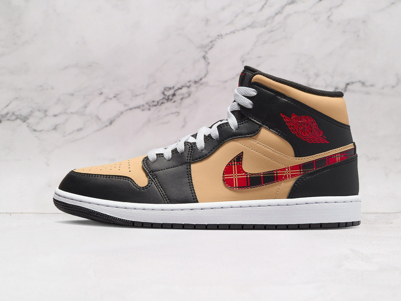 Air Jordan 1 Mid Tartan Swoosh – Black Leather with Plaid Swoosh