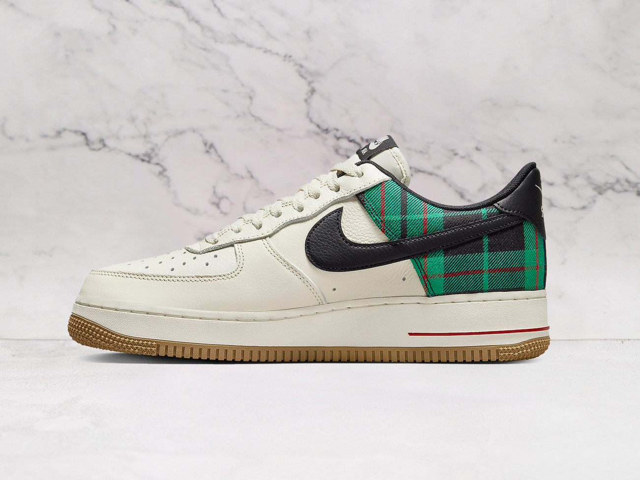Ivory Nike Air Force 1 Low Plaid medial view with green accents