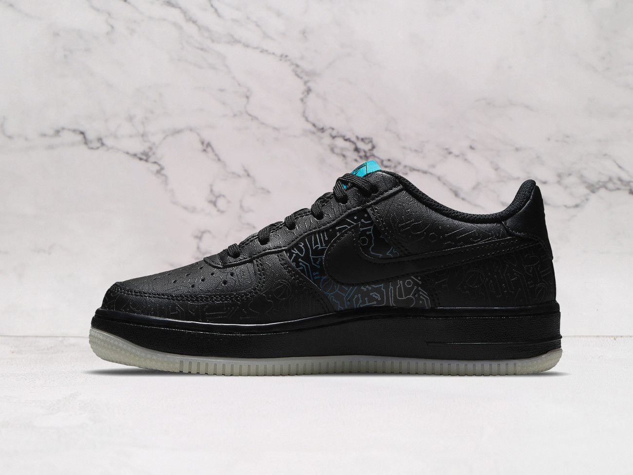 Black Nike Air Force 1 Low Space Jam medial view with chip graphics