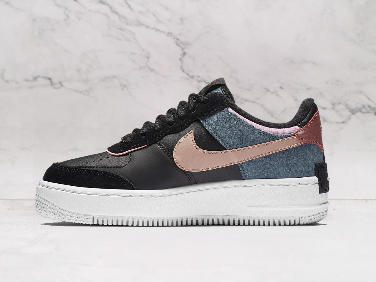 Nike Air Force 1 Shadow Black Light Arctic Pink – metallic red bronze heel on white sole