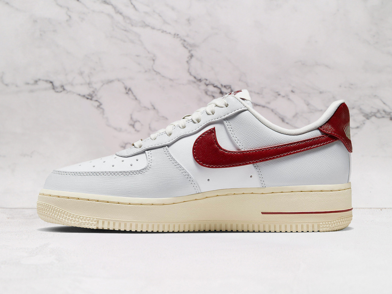 Nike Air Force 1 Low Photon Dust Red (DV7584-001)—Team Red heel, Muslin sole.