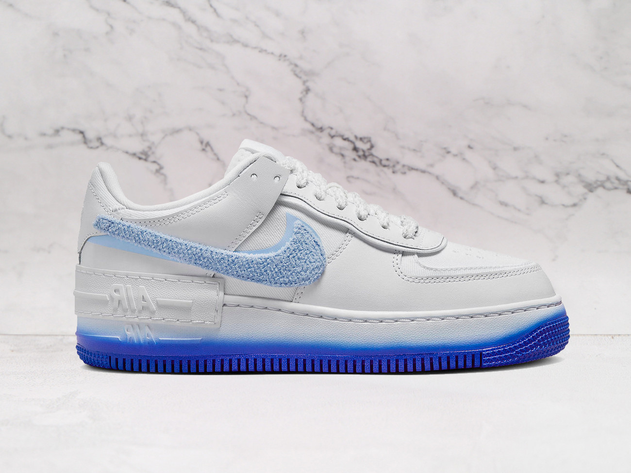 Nike Air Force 1 Shadow Chenille Blue Tint with fuzzy Blue Tint Swooshes