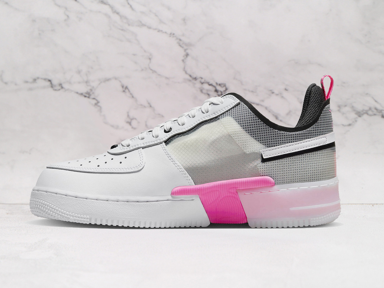 White Nike Air Force 1 React medial view with Pink Spell React foam