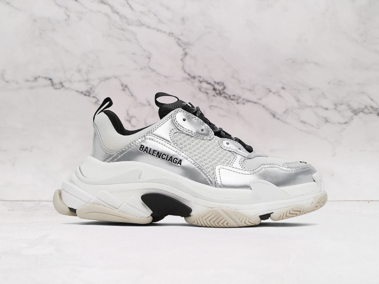 BALENCIAGA Silver Triple S Sneakers – Metallic Chunky Design