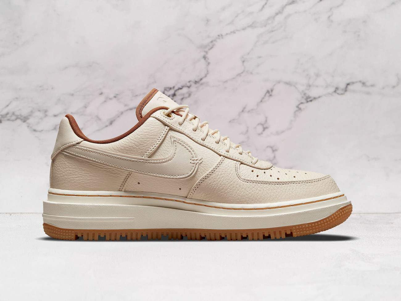 Pearl White Nike Air Force 1 Low Luxe medial view with Pecan accents