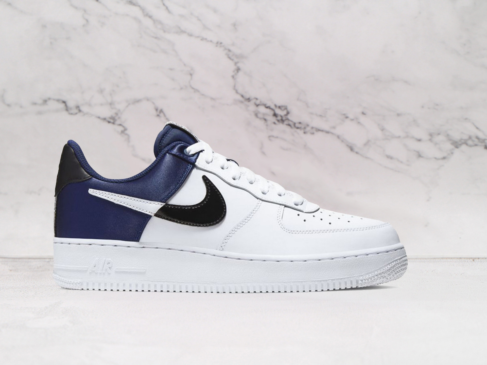 Nike Air Force 1 NBA Midnight Navy Satin – White Leather Upper with Satin Midnight Navy Heel Panel and Split Swoosh Design