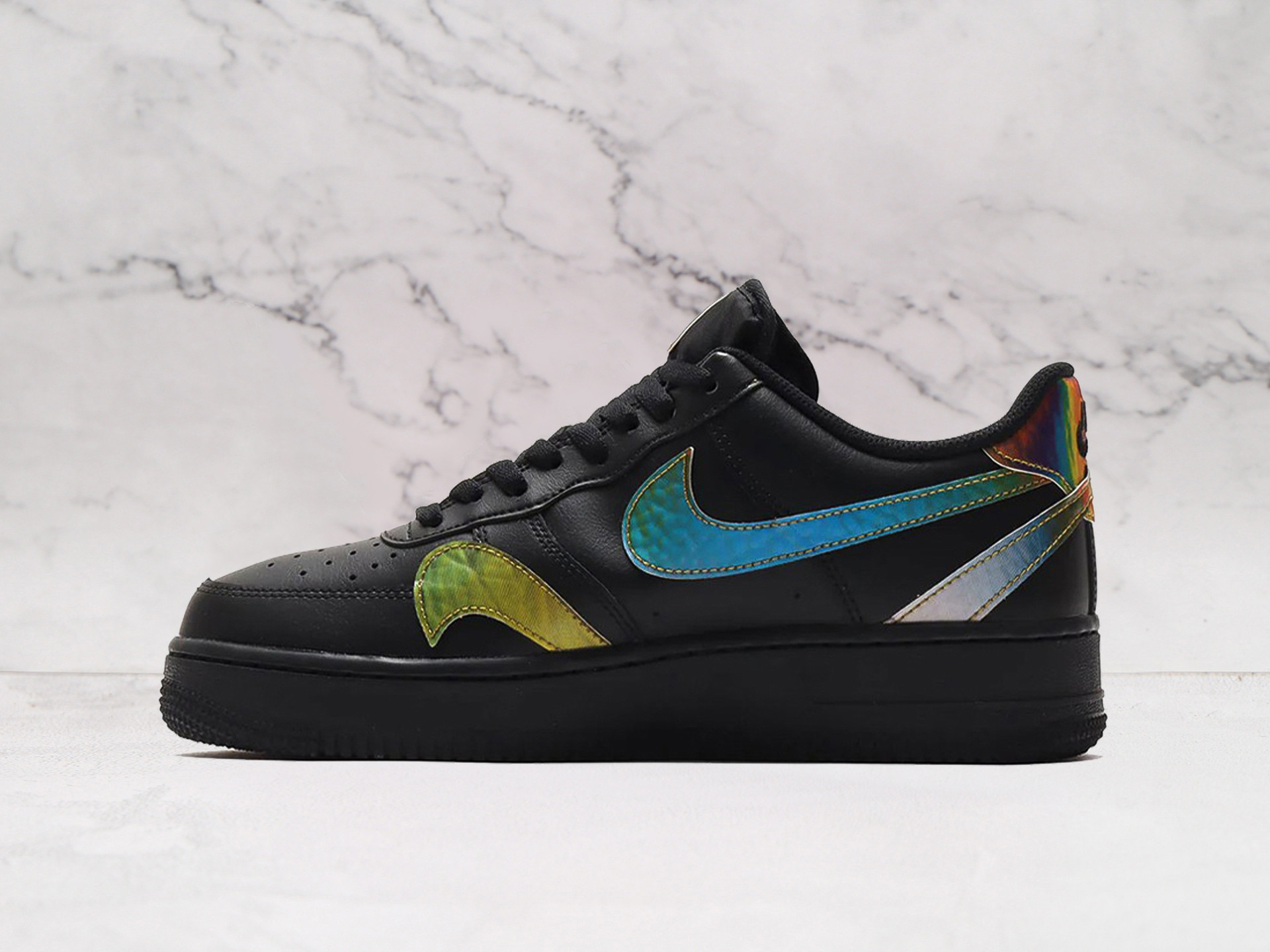 Nike Air Force 1 LV8 'Misplaced Swooshes' Black – Black Leather with Multiple Iridescent Swooshes