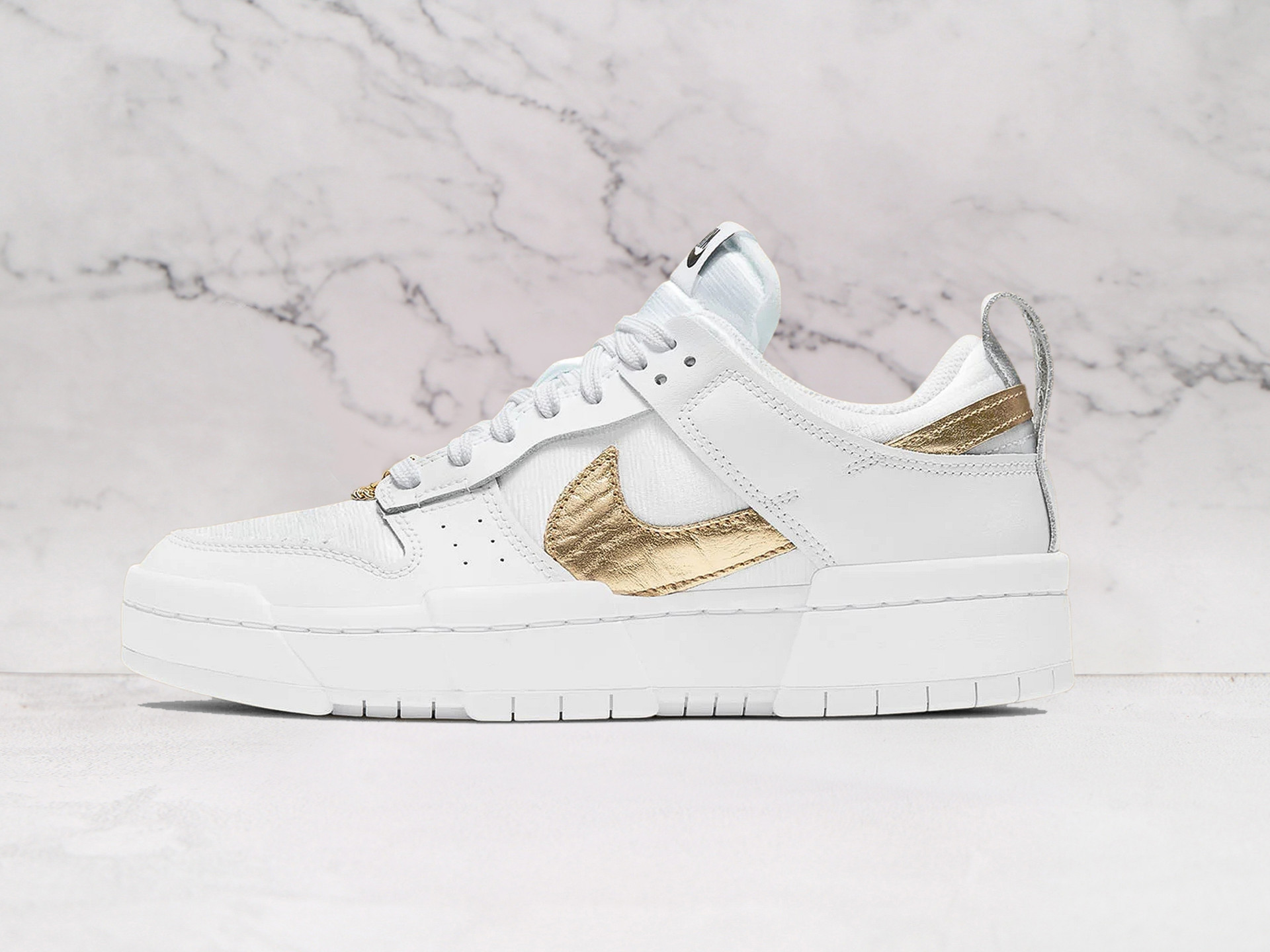 Nike Dunk Low Disrupt 'White Metallic Gold' – White Leather Upper with Metallic Gold Swoosh and Astrology-Inspired Details