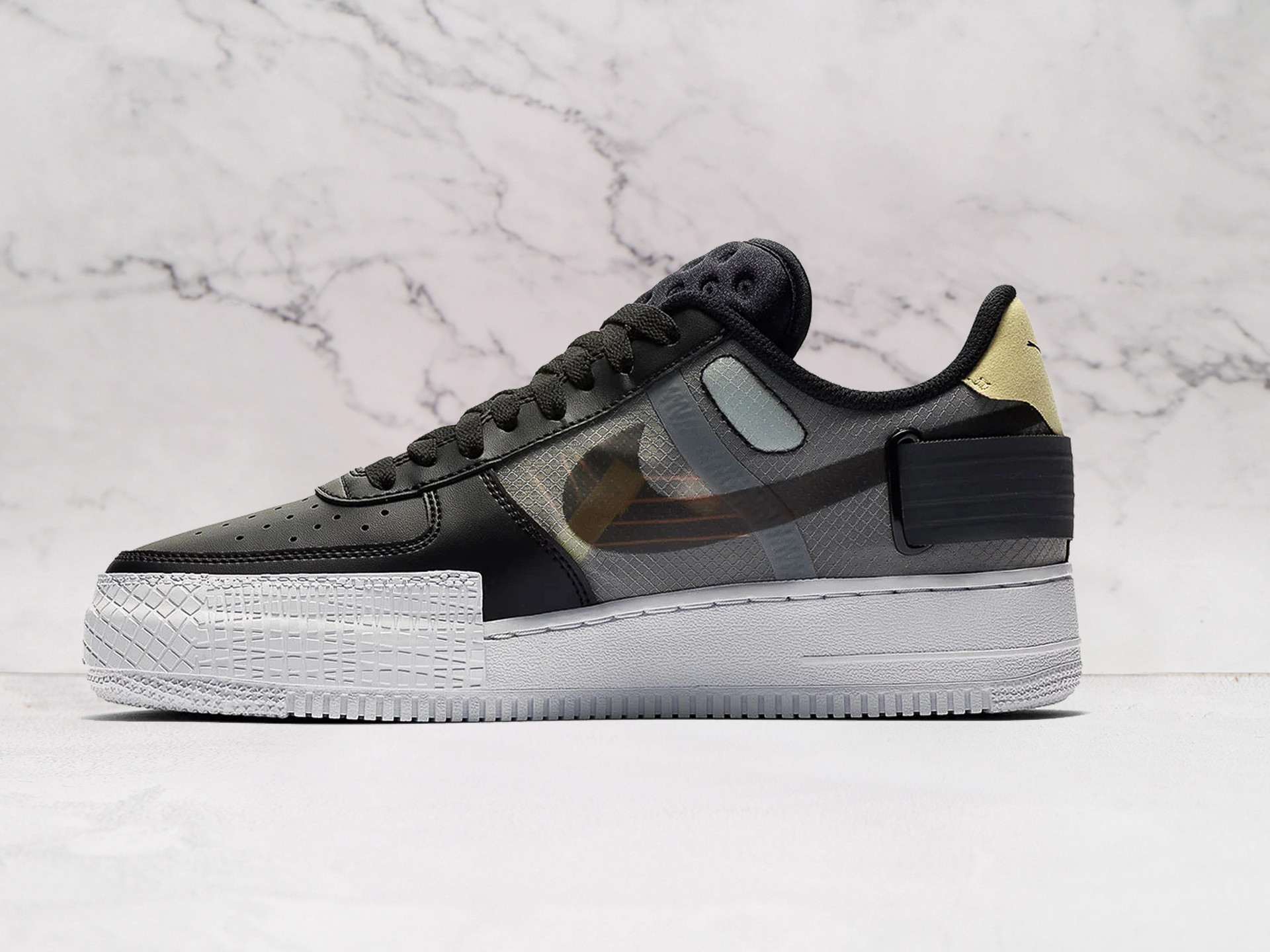 Nike Air Force 1 Type 'Black' – Black Leather Upper with  Exposed Stitching, and Adjustable Velcro Heel Strap