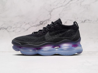 Side view of Nike Air Max Scorpion Black Persian Violet DR0888-001, featuring the iconic Flyknit upper, full-length Air Max cushioning, and chenille fabric details for enhanced comfort and style