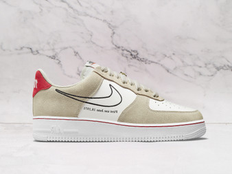 Nike Air Force 1 Low First Use Light Stone – White Leather Sneaker with Light Stone Suede and University Red Swoosh