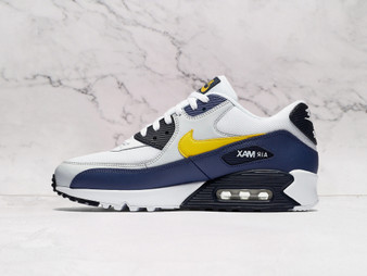 Nike Air Max 90 Michigan – White Mesh Upper with Navy Leather Overlays and University Gold Accents