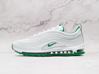 Nike Air Max 97 White Pine Green side profile with a crisp white leather upper, bold green accents, and signature reflective piping for a classic streetwear look