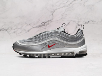 Nike Air Max 97 Silver Bullet side profile featuring metallic silver leather, red Swoosh branding, and reflective detailing, inspired by Japanese bullet trains