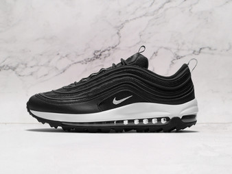 Nike Air Max 97 Golf Black White side profile featuring a sleek black synthetic upper, white midsole, and modified golf outsole for superior grip and waterproof performance
