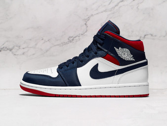 Air Jordan 1 Mid SE USA – White Leather, Gym Red and Midnight Navy Accents with Suede Swoosh