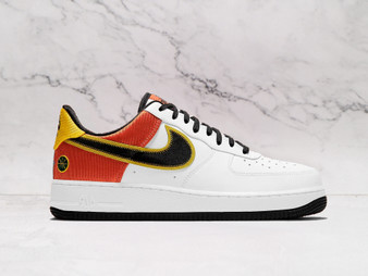 Nike Air Force 1 LV8 'Raygun' – White Leather Upper with Orange and Yellow Overlays, Alien Basketball Badge, Black Swoosh