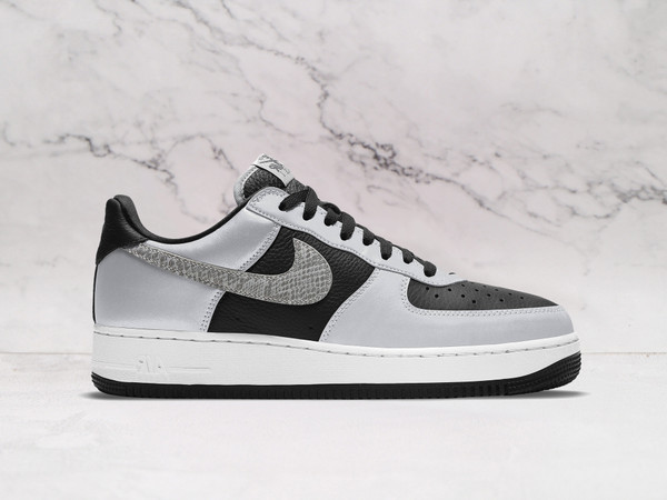 Nike Air Force 1 'Silver Snake' – Black Leather Upper with Reflective Silver Snake Print Overlays Nike Air Force 1 'Silver Snake' – Black Leather Upper with Reflective Silver Snake Print Overlays