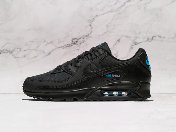 Nike Air Max 90 Black Laser Blue side profile, showcasing a black leather and mesh upper, bold laser blue accents, and a visible Air unit for retro comfort