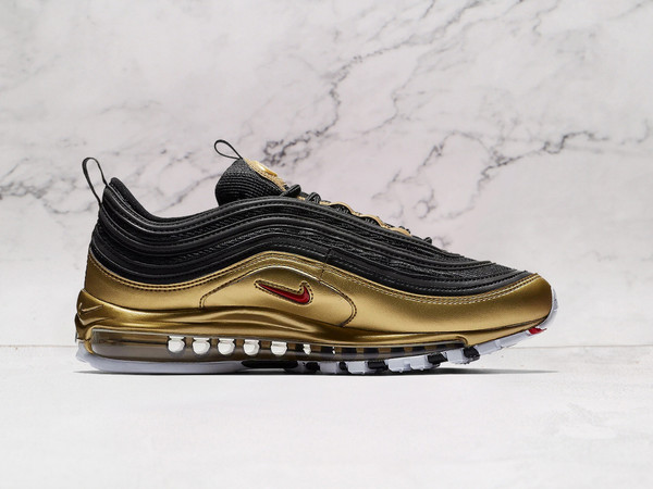 Nike Air Max 97 B-Sides Metallic Gold medial view, highlighting reflective piping, wavy panel design, and full-length Air cushioning for comfort and style