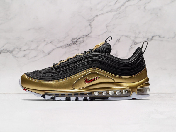Nike Air Max 97 B-Sides Metallic Gold side profile, combining a shiny metallic gold leather upper with sleek black and silver accents for a bold and premium look