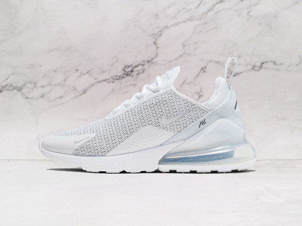 Nike Air Max 270 White Pure Platinum side profile, featuring a clean white mesh upper with grey Pure Platinum accents and a signature large Air unit for all-day comfort