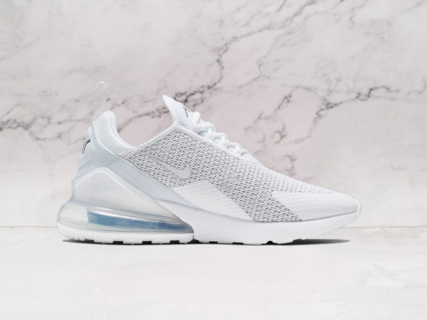 Nike Air Max 270 White Pure Platinum medial angle, showcasing its breathable mesh build, sleek silhouette, and soft foam midsole for superior cushioning