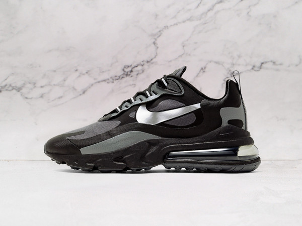 Nike Air Max 270 React Winter Black Dark Grey side profile featuring a weather-resistant black and dark grey upper, React foam midsole, and oversized Air Max heel unit for superior winter-ready cushioning
