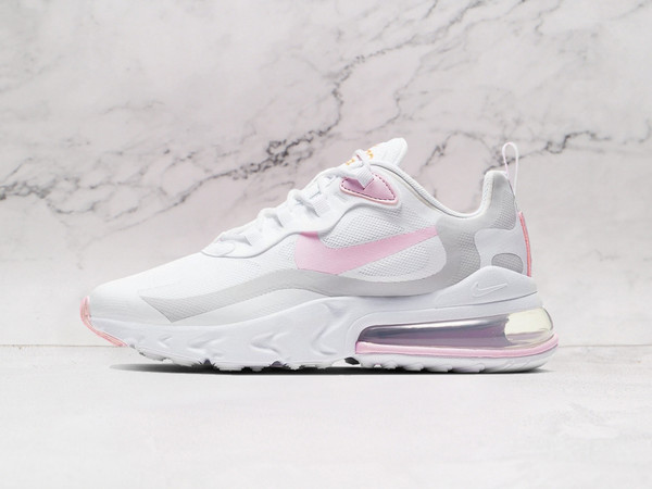 Nike Air Max 270 React 'White Pink Foam' – White Mesh Upper with Grey and Pink Leather Overlays, Nike React Foam Midsole, and Total Orange Branding