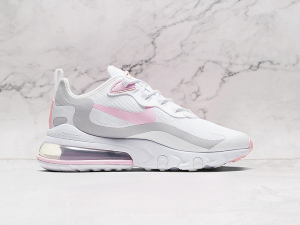Nike Air Max 270 React 'White Pink Foam' – White Mesh with Grey and Pink Leather Overlays, Nike React Foam Midsole, and Total Orange Branding