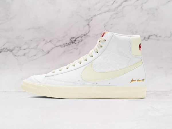 Nike Blazer Mid '77 'Popcorn' – White Tumbled Leather Upper with Buttery Yellow Swoosh and Red Branding