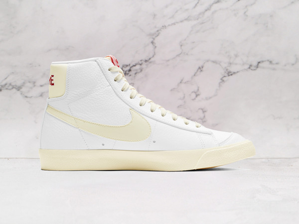 Nike Blazer Mid '77 'Popcorn' – White Tumbled Leather with Buttery Yellow Swoosh and Red Branding
