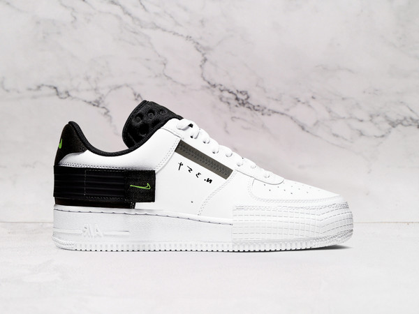 Nike Air Force 1 Type 'White Black Volt' – Premium White Leather, Black Overlays, Volt Accents, Custom-Fit Velcro Strap