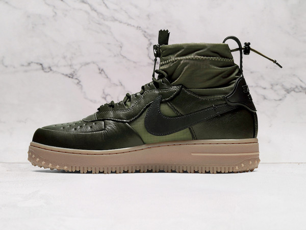 Olive Nike Air Force 1 High medial view with Gore-Tex upper and zipper bootie.