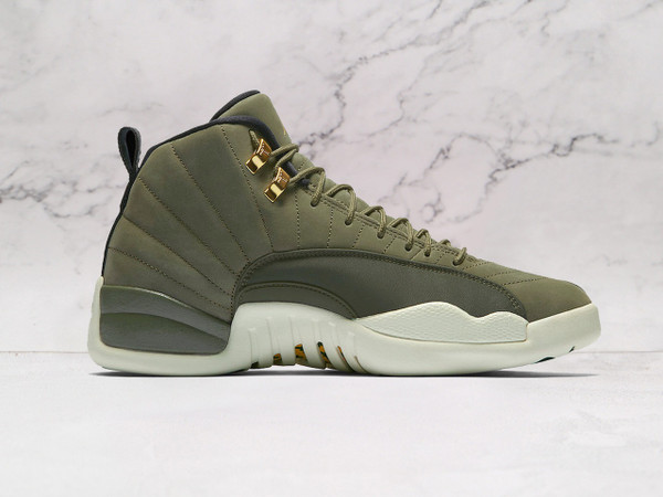 Medial view of Air Jordan 12 Retro Chris Paul Class of 2003 in olive suede