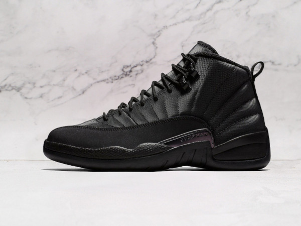 Side view of limited Air Jordan 12 Retro Winter Black with waterproof nylon and nubuck overlays