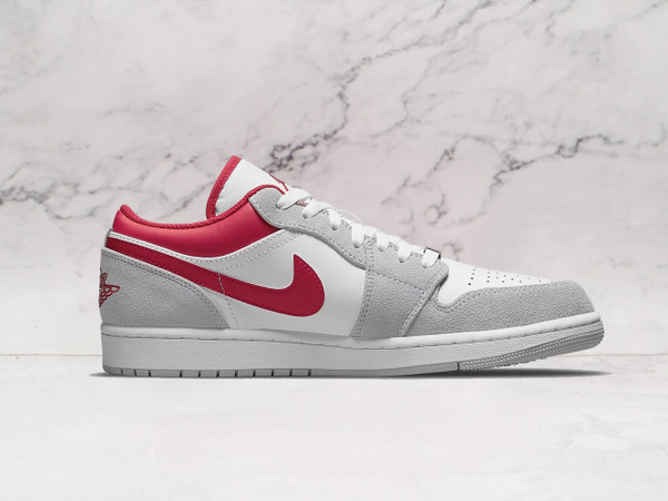 AJ1 Low SE – Light Smoke Grey Suede Overlays with Gym Red Swoosh