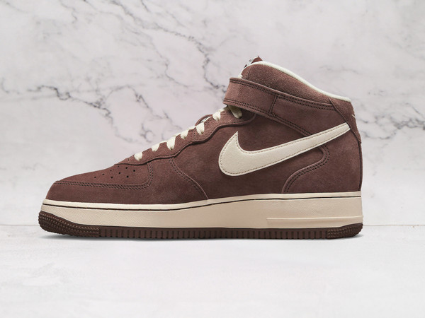 Chocolate Nike Air Force 1 Mid medial view with Cream accents and ankle strap