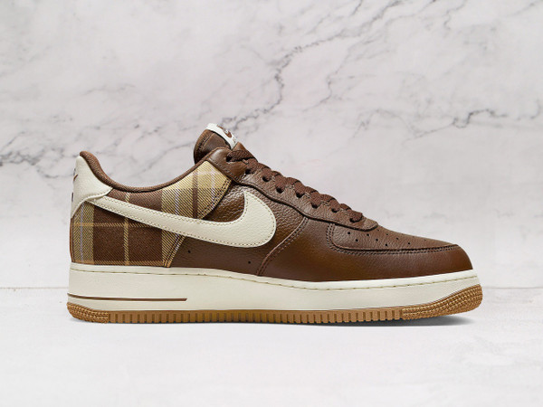 Cacao Nike Air Force 1 Low Plaid medial view with Ivory Swoosh