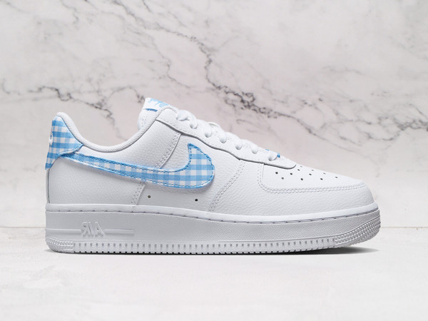 Nike Air Force 1 Low Blue Gingham (DZ2784-100)—white leather, blue plaid Swoosh. Nike Air Force 1 Low Blue Gingham (DZ2784-100)—white leather, blue plaid Swoosh.