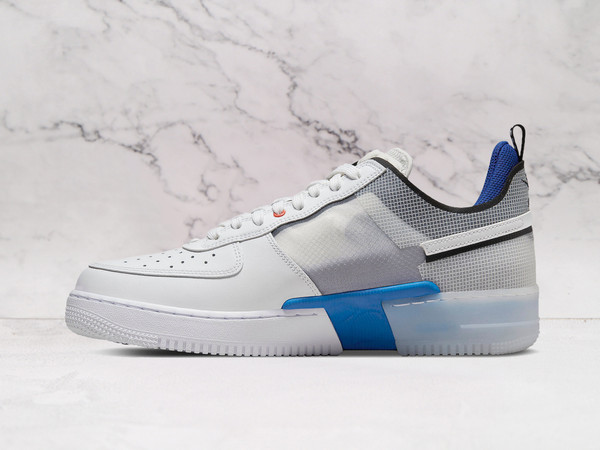 White Nike Air Force 1 React medial view with Light Photo Blue TPU rear