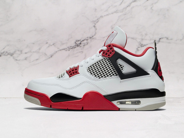 Air Jordan 4 Retro Fire Red sneaker with white, black, and red colorway showing premium leather details