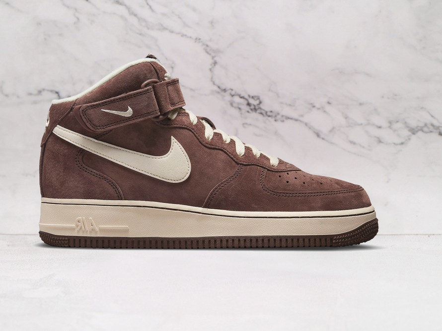 Nike Air Force 1 Mid Chocolate Cream with Cream Swoosh and brown rubber sole